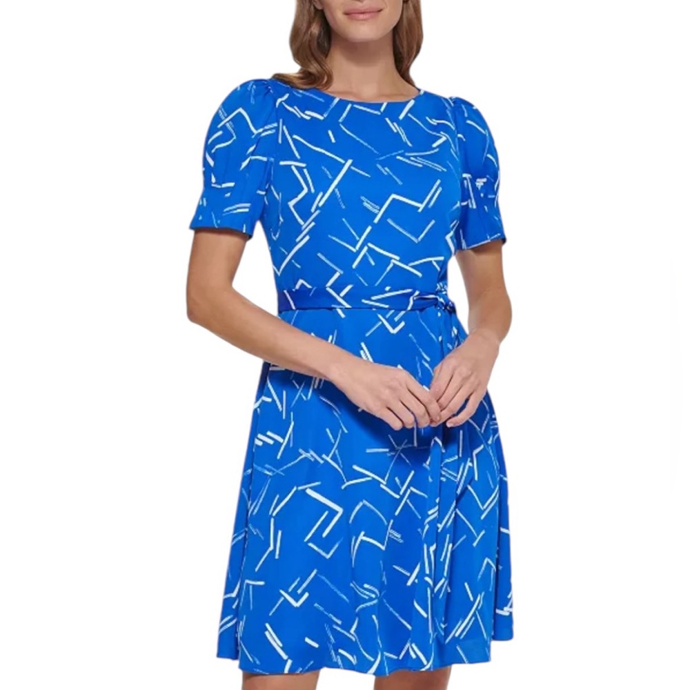 DKNY Blue Puff Sleeve Tie Waist Dress Size 10